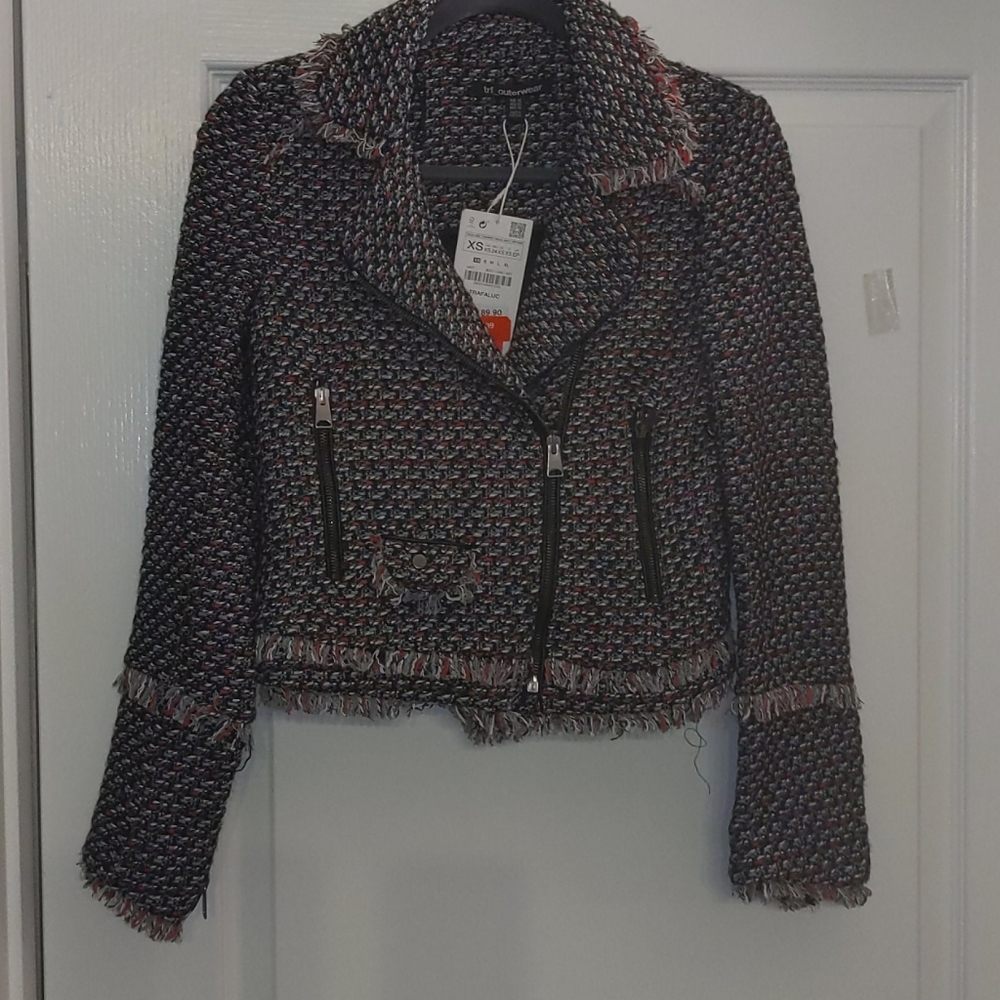 Red, blue, gray Tweeded Moto-style Jacket